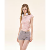 [GirlyFancyClub] Pink leopard print pleated slim fit short sleeve sweet and spicy t-shirt