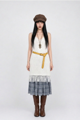 FRINGE-HEM KNIT V-NECK DRESS IN WHITE