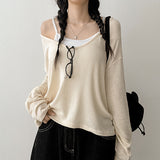U-neck long-sleeve T-shirt + tank top set, tank V-neck knit set (4 colors)