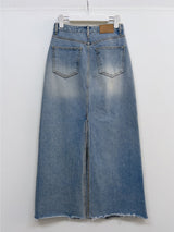 Deep Slit Cotton Long Denim Skirt (Light Wash)