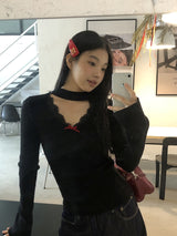 Choker V-neck Lace V-neck Long Sleeve T-shirt