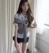 [ office look🖤 ] elio off-tie roll-up layer sh / top