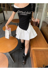 アンバランスオフショルダーパールビーズレイヤードTシャツ