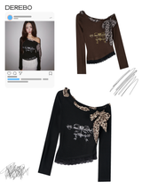 Leopard Scarf Unbalanced Off-Shoulder Long-Sleeved T-Shirt