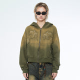 Applique Bleach Washing Crop Hoodie Zip Up Khaki