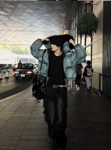 Carrot washed denim embroidered padded coat + black fur