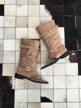 Suede buckle thong boots