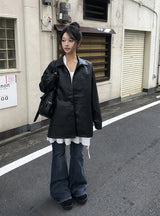 Tsurem Button Collar Half Leather Jacket