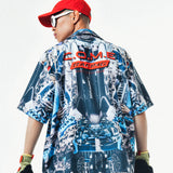 [UNISEX] オートモバイルパーツキャンプカラープリントシャツ（ブルー）