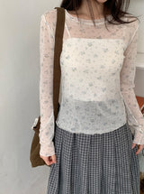 ザイナテンセルUネックシースルーフラワーレイヤード長袖Tシャツ