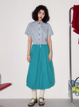 Short-sleeved shirt with lace drawstring and colorful ink print