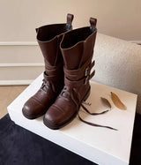 Vintage-Style Genuine Lambskin Mid-Calf Biker Boots with Belt Detail
