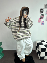 ピーチフリース🍑 オーバーヒップカーゴロングパンツ 💚🤍🖤3COLOR