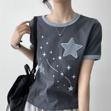Kitch Look 💖 Night Star Patch Ringer Short Sleeve T-shirt  (4 colors)