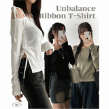アンバランスショルダーリボン長袖Tシャツ