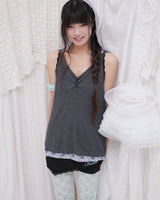 FLORAL LACE DOUBLE HOOD SLEEVELESS / CHARCOAL