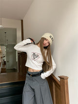ハートプリンティド長袖クロップTシャツ