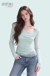 Mint chiffon mesh shirring long-sleeve tee