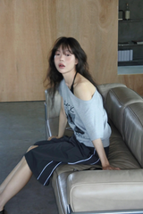 ブラックキャットワンショルダー半袖ティー（ワンショルダーティー/夏半袖/プリントティー/Tシャツ）