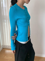 Chewing Ribbed Button Round Neck Long Sleeve Cardigan