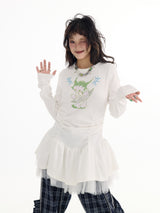ホワイトメッシュスカートプリンテッドTシャツ