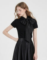 [PRE- FALL] ダリアサテンリボンスカーフスリムハーフスリーブトップ Black
