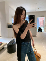リボンアンバランスオフショルダーワンショルダートップ