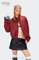 burgundy cropped wide leather jacket