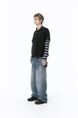 (BASE) LAYERED STRIPE POLO L/S TEE (NAVY)
