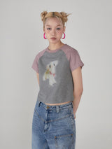 Short cotton printed T-shirt with retro patchwork color and raglan sleeves