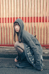 Stripe babydoll hoodie zip-up (Charcoal)