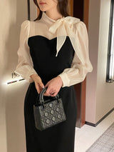 26SS★ Melage Chiffon Color Matching Tie H-Line One Piece