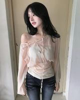 [ slit point ] forget-me-not long chiffon drape lose blouse