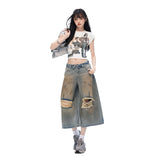 Grunge Vintage Distressed Wide-Leg Cropped Jeans