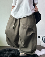 フロントツーリベットポケットバルーンパラシュートコットンビッグパンツ💚🩶🖤🤎 - 4 カラーズ