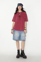 Water-washed vintage loose short-sleeved T-shirt with dropped shoulders