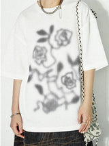 ぼかしバラプリントルーズピュアホワイト半袖Tシャツ(UNISEX)