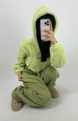 (LOWEST PRICE!/HOT DEAL♥) FLEECE SHERPA HOODIE ZIP-UP BANDING SEMI-CROPPED HOODIE - 3 COLOR