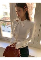 ハーフタートルネックストラップレースフリルロングスリーブTシャツ