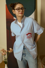 Blue Stripe Pocket short-sleeved Shirt [Unisex]