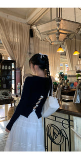 バックホワイトボウロングスリーブニットTシャツ