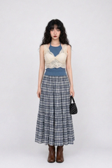 VINTAGE BLUE PLAID TIERED MAXI SKIRT