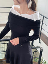 ベラシャツ カラーマッチング レイヤード オフショルダーTシャツ