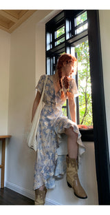 French flower shirring wrap dress