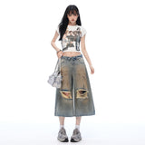 Grunge Vintage Distressed Wide-Leg Cropped Jeans