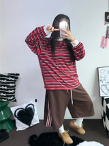 STRIPE OVER BOXY BOYFRIEND LONG SLEEVE T SHIRT ❤💚🩵🧸4COLOR