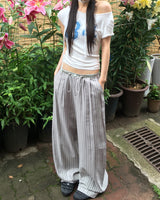 ラペックストライプカラーコンビネーションストリングロングワイドパンツ