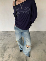 Navy unbalanced off-shoulder beads loose fit sweatshirt