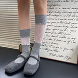 Lace Frill Ribbon Scrunch Mid-Calf Socks