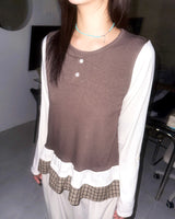 (2color) Check Frill Layered Roll-Up Long Sleeve Tee